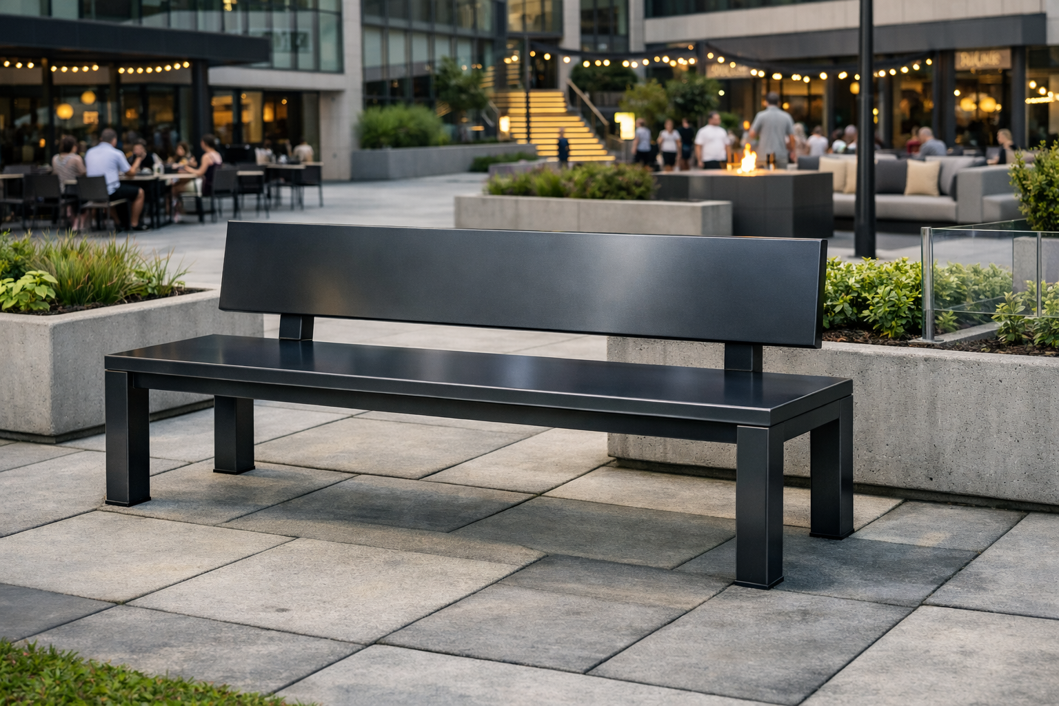 Steel picnic table with four attached bench seats in a park plaza