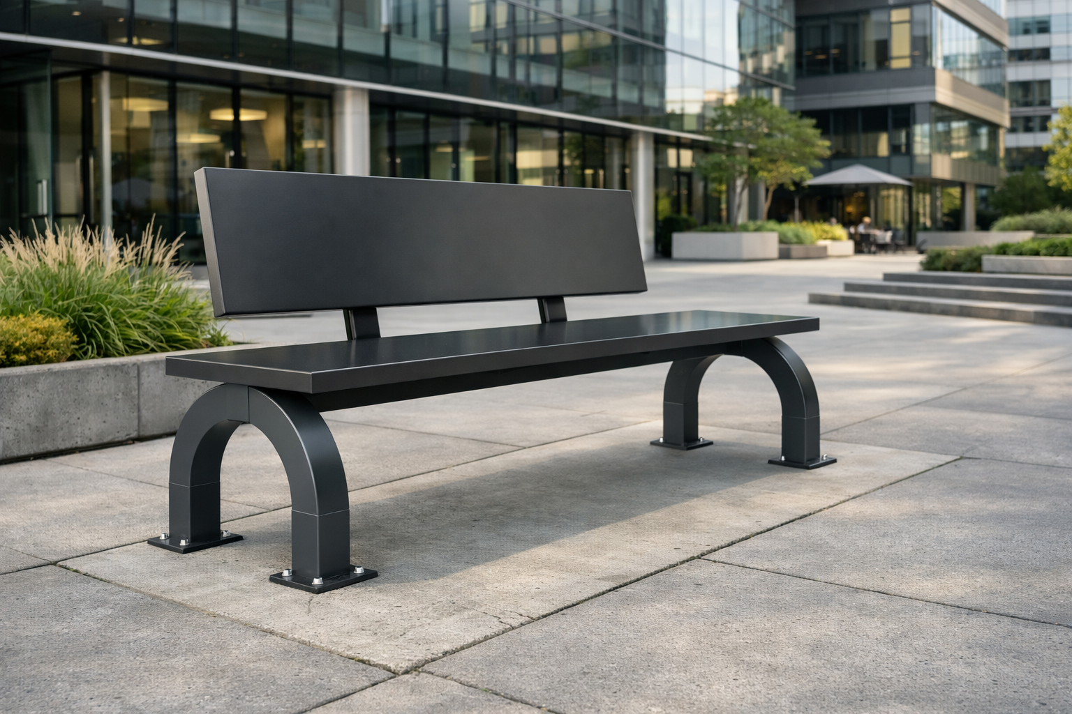 Powder-coated steel guardrail installed on a city sidewalk